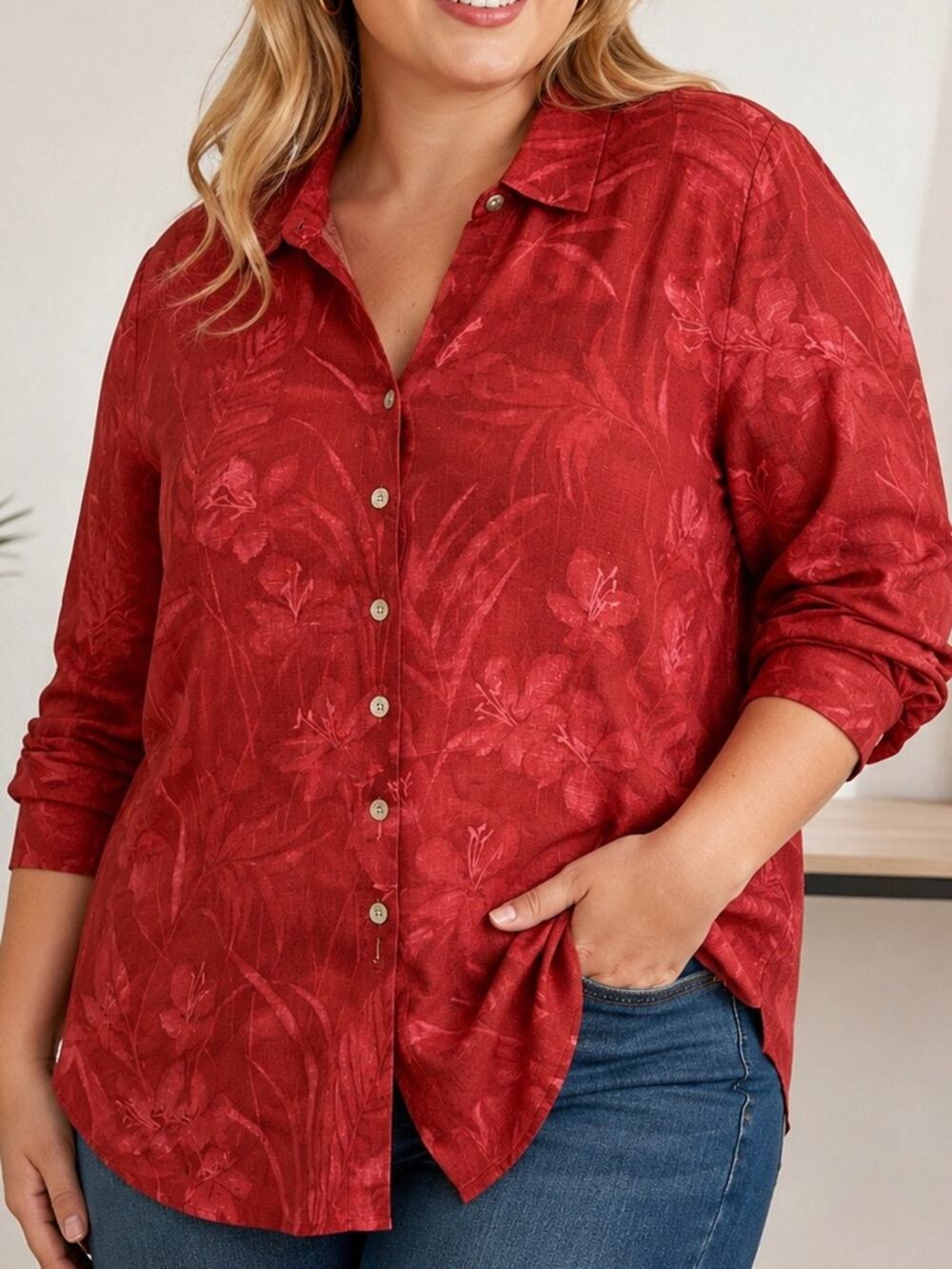 August Max Woman 2X Red Tropical Linen Button Front Shirt Plus Size